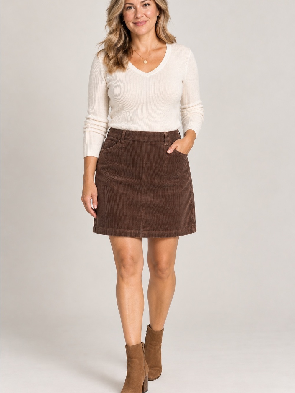 Vintage Y2K Eddie Bauer Brown Corduroy Skirt 14P Petite 100% Cotton A-Line